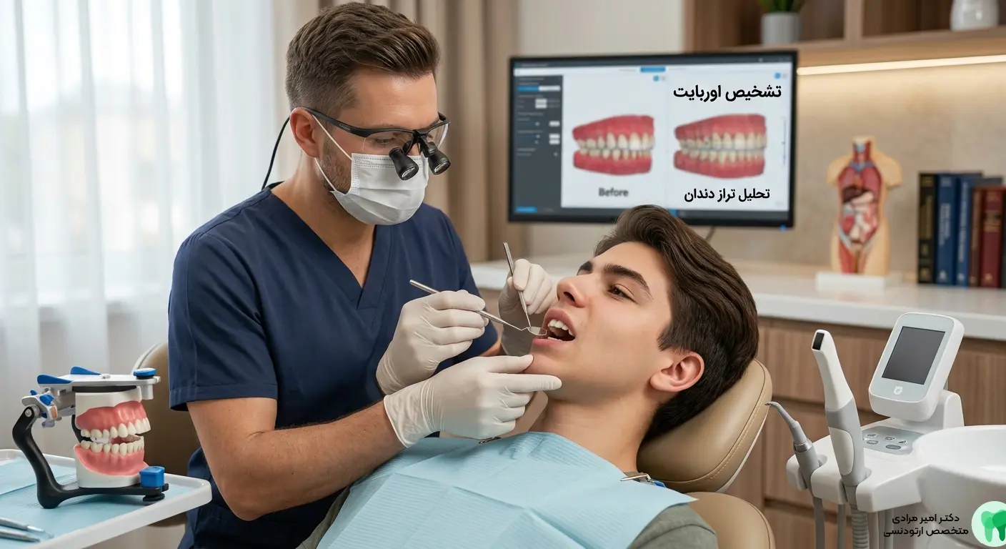 متخصص ارتودنسی در حال معاینه بیمار مبتلا به اوربایت و بررسی وضعیت قرارگیری دندان‌ها